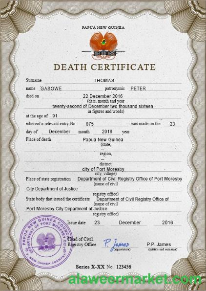 Papua New Guinea death certificate PSD template
